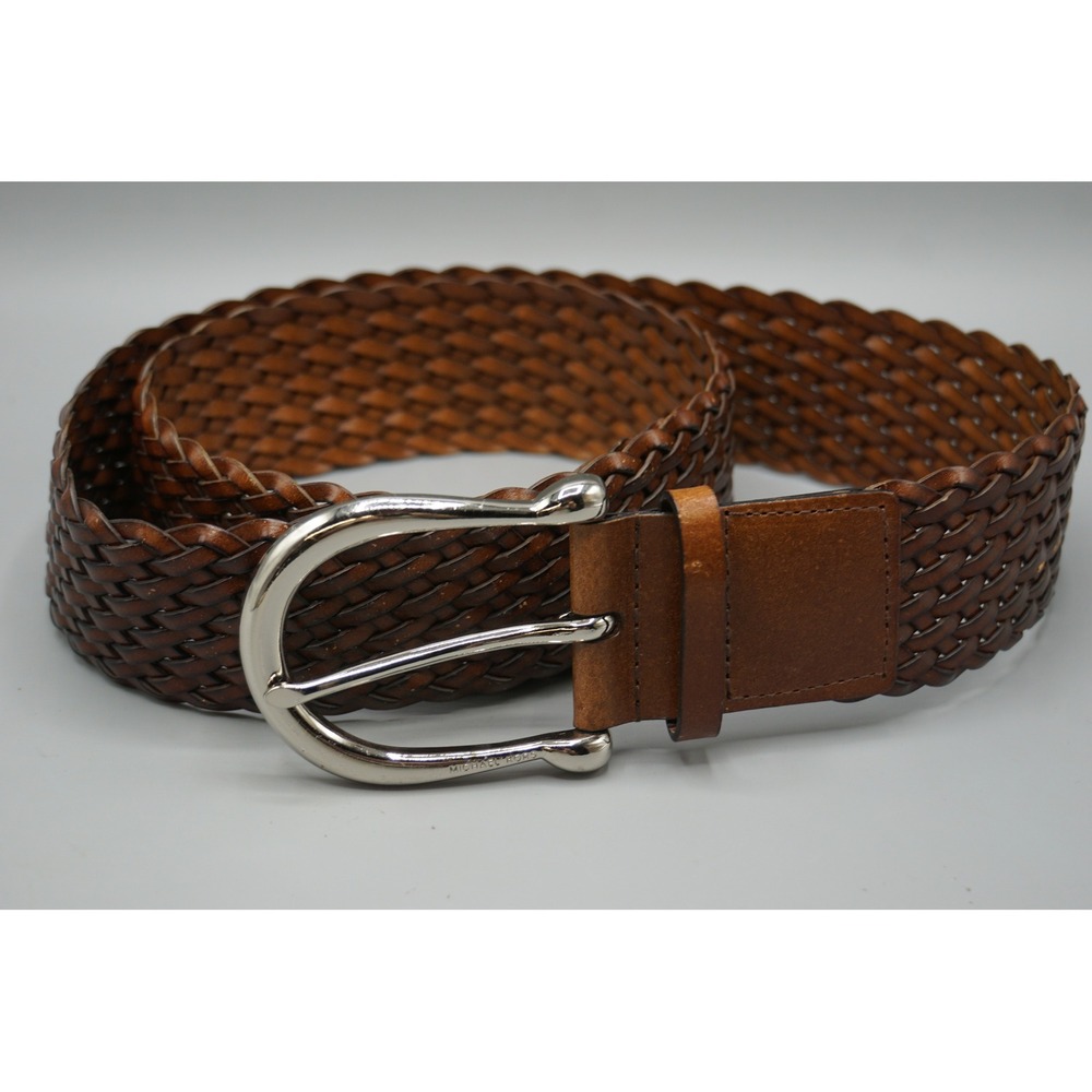 Michael Kors Mens Braided Woven Belt Brown Synthetic Leather Silver Buckle XL